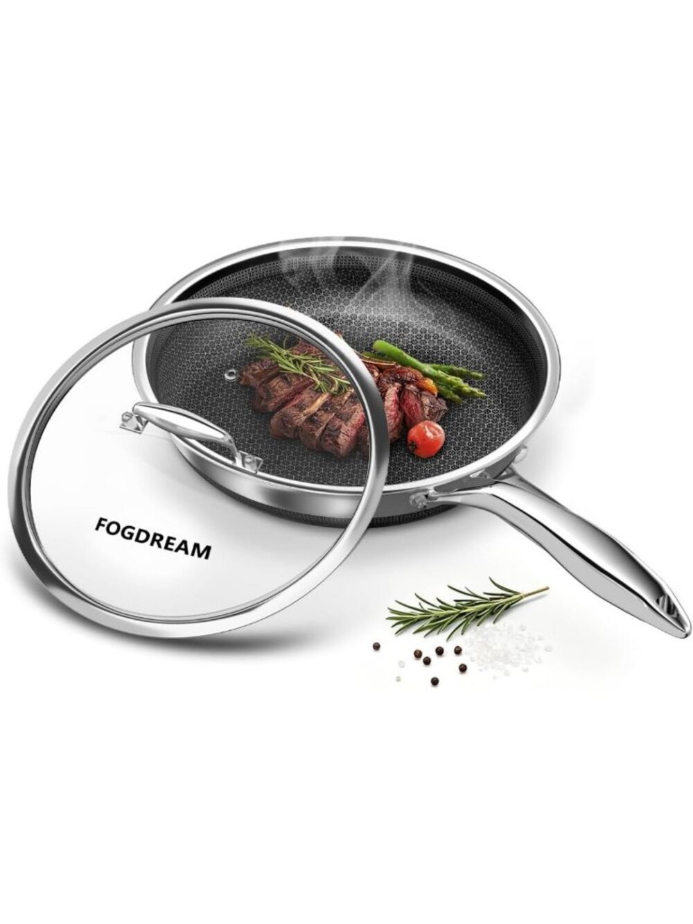 10" Nonstick Frying Pan with Lid, Honeycomb Stainless Steel Skillet, Induction